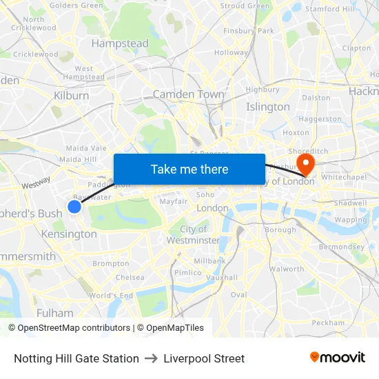 Notting Hill Gate Station to Liverpool Street map