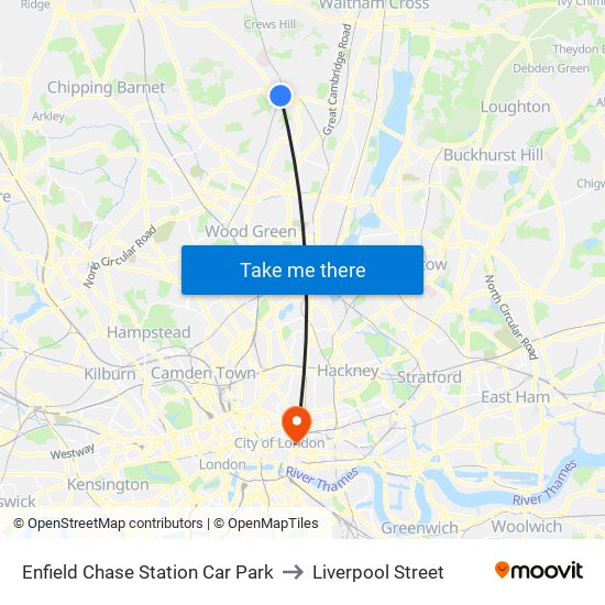 Enfield Chase Station Car Park to Liverpool Street with public