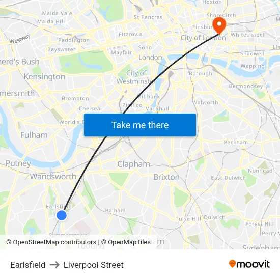Earlsfield to Liverpool Street map