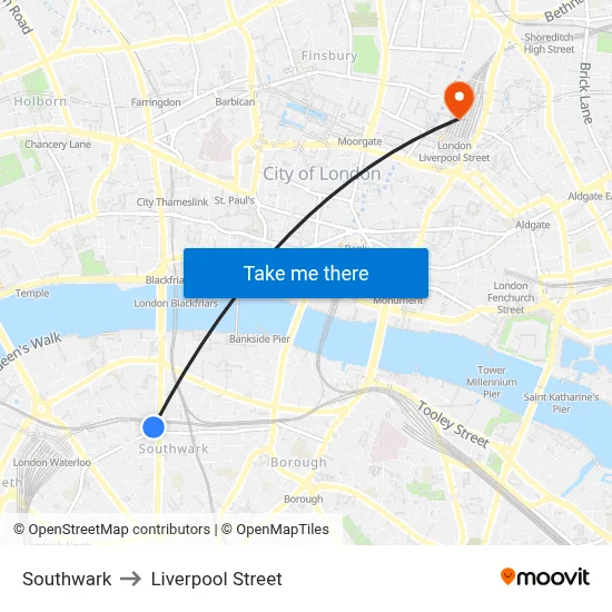 Southwark to Liverpool Street map