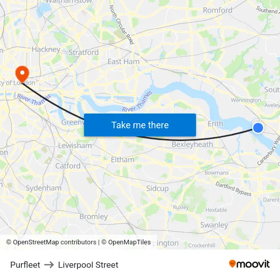 Purfleet to Liverpool Street map