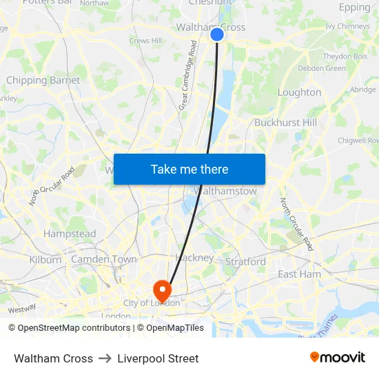 Waltham Cross to Liverpool Street map