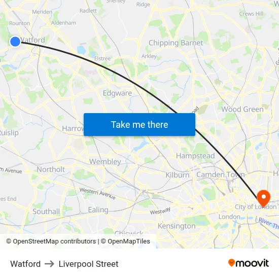Watford to Liverpool Street map