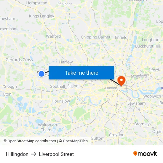 Hillingdon to Liverpool Street map