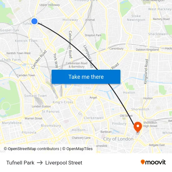 Tufnell Park to Liverpool Street map