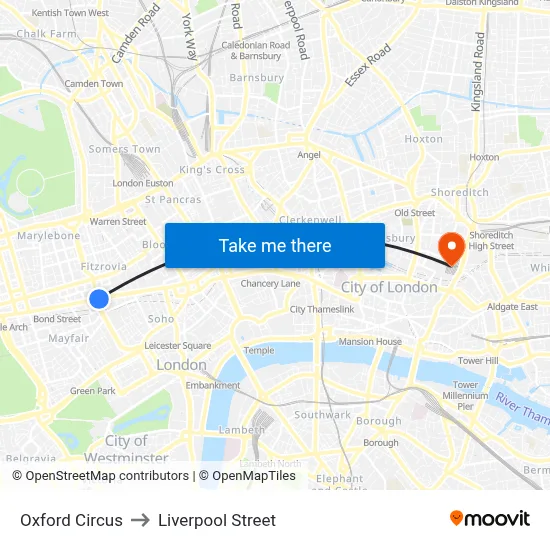 Oxford Circus to Liverpool Street map