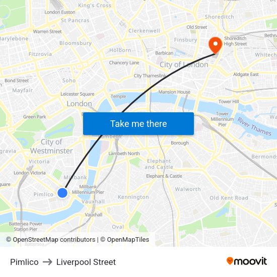 Pimlico to Liverpool Street map