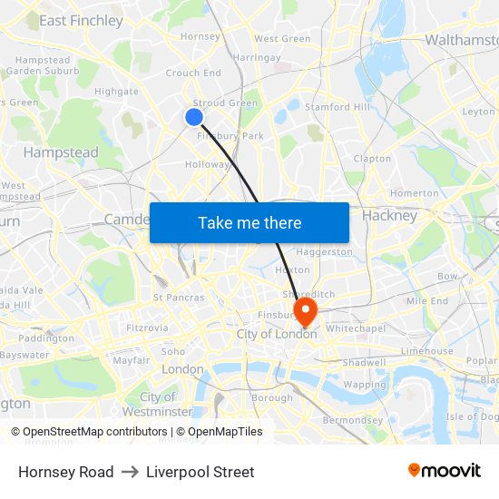 Hornsey Road to Liverpool Street map