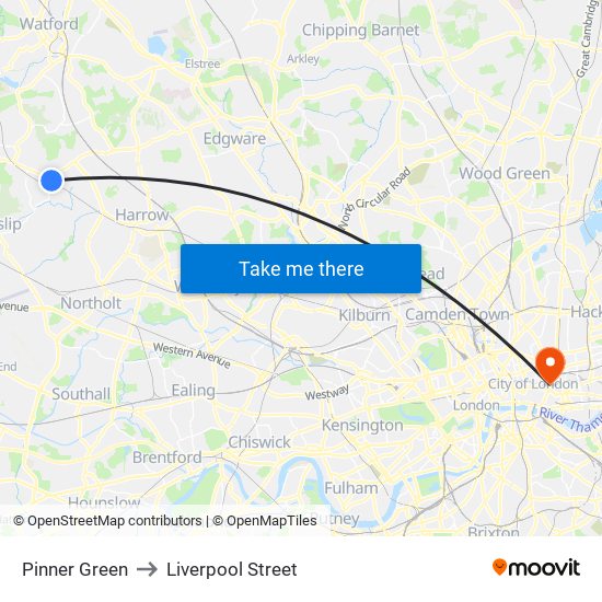 Pinner Green to Liverpool Street map