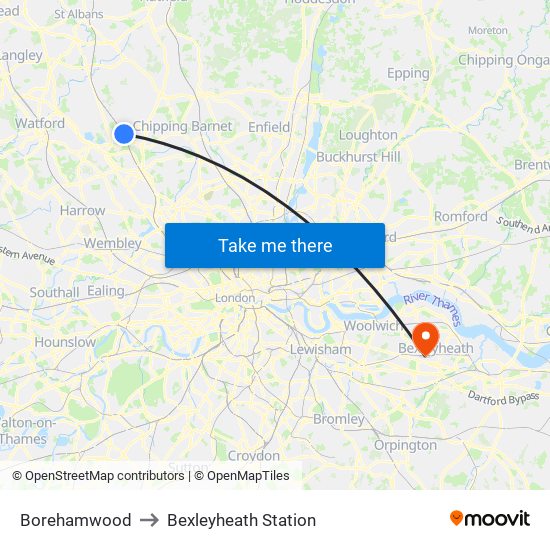 Borehamwood to Bexleyheath Station map