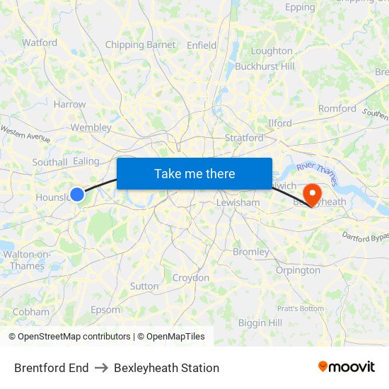 Brentford End to Bexleyheath Station map