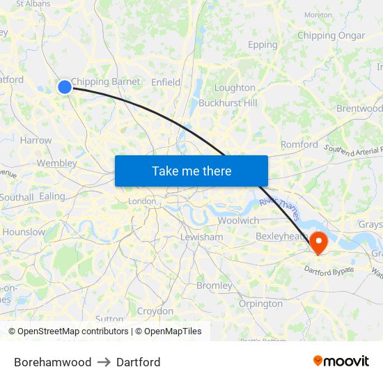 Borehamwood to Dartford map