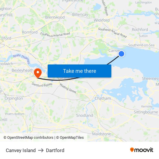 Canvey Island to Dartford map