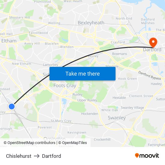 Chislehurst to Dartford map