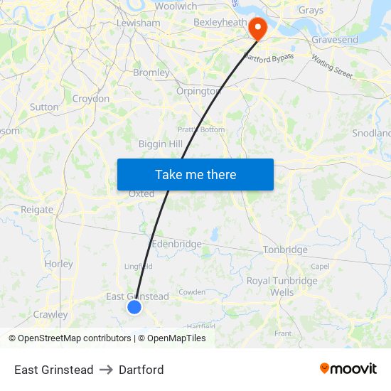 East Grinstead to Dartford map