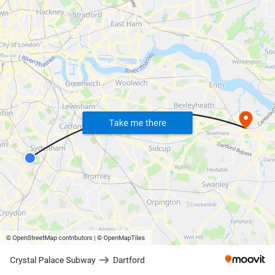 Crystal Palace Subway to Dartford map