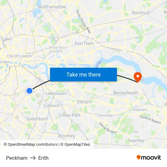 Peckham to Erith map