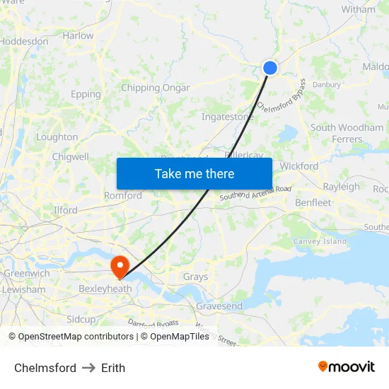Chelmsford to Erith map