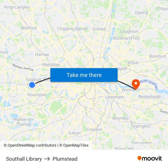 Southall Library to Plumstead map