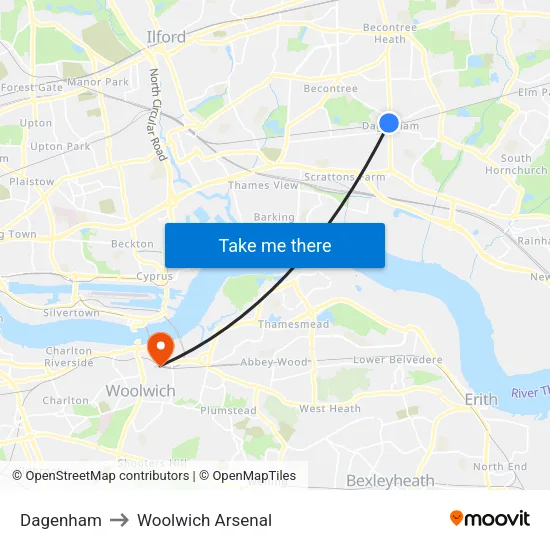 Dagenham to Woolwich Arsenal map