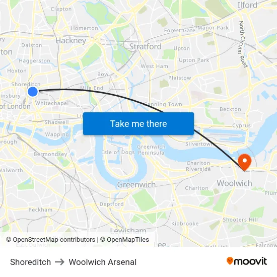 Shoreditch to Woolwich Arsenal map