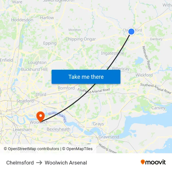 Chelmsford to Woolwich Arsenal map