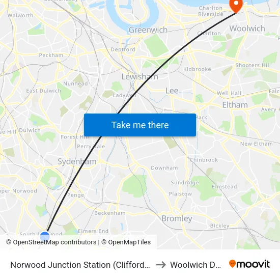 Norwood Junction Station (Clifford Road Entrance) to Woolwich Dockyard map