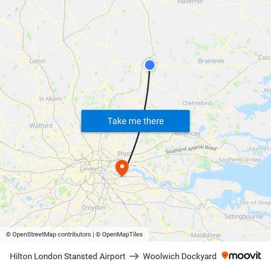 Hilton London Stansted Airport to Woolwich Dockyard map