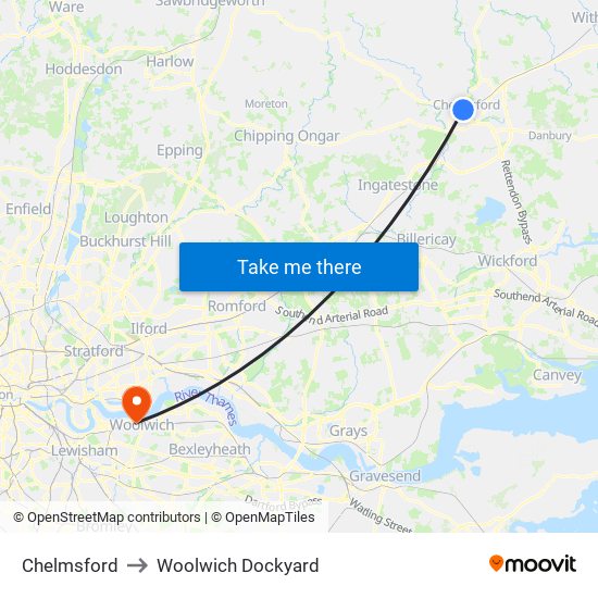 Chelmsford to Woolwich Dockyard map