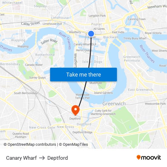 Canary Wharf to Deptford map