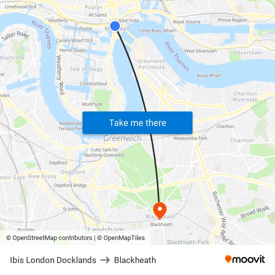 Ibis London Docklands to Blackheath map