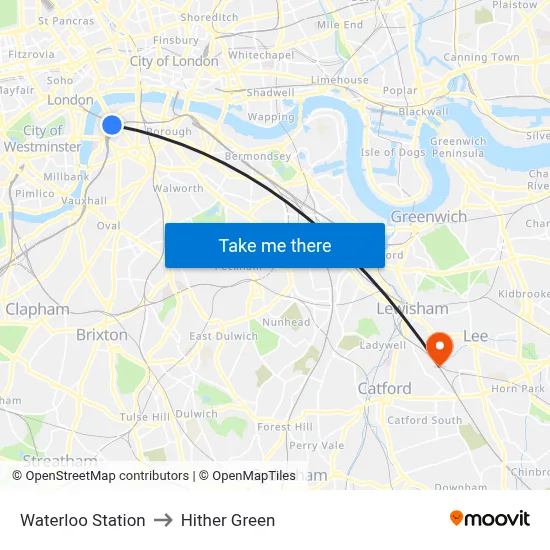 Waterloo Station to Hither Green map