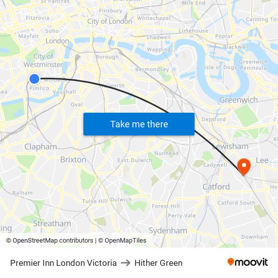 Premier Inn London Victoria to Hither Green map