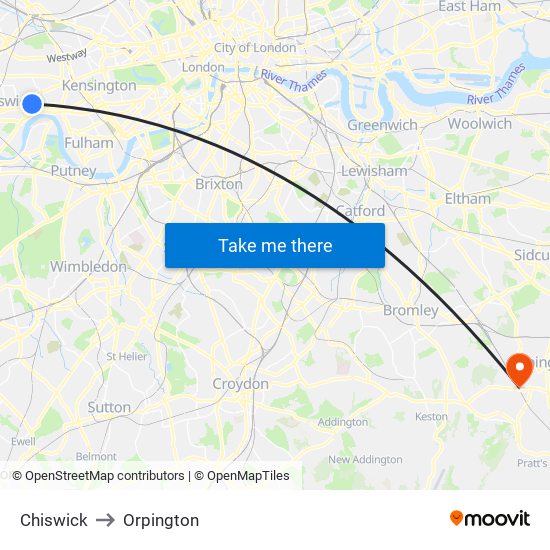 Chiswick to Orpington map