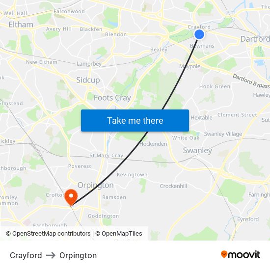 Crayford to Orpington map