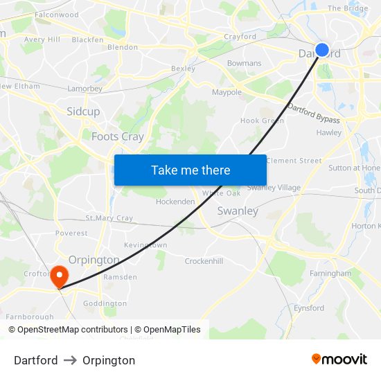 Dartford to Orpington map