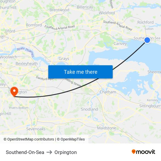 Southend-On-Sea to Orpington map