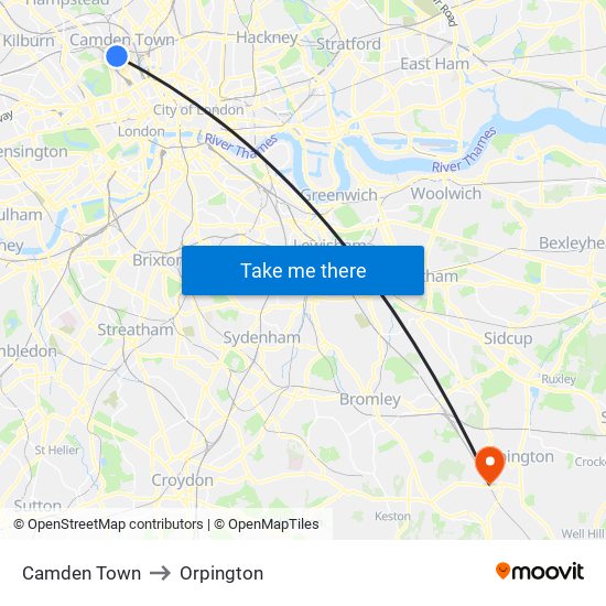 Camden Town to Orpington map
