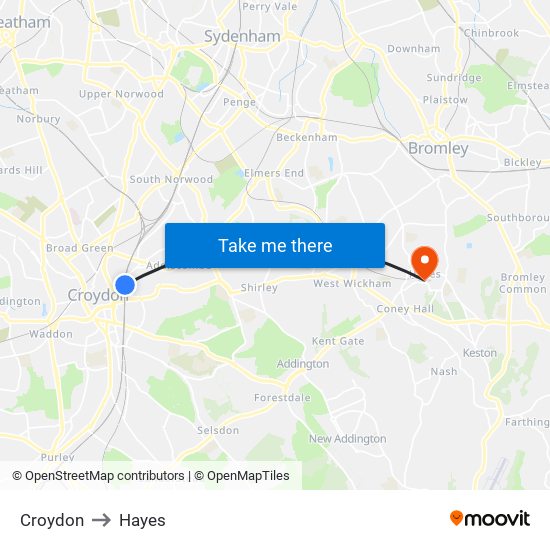 Croydon to Hayes map
