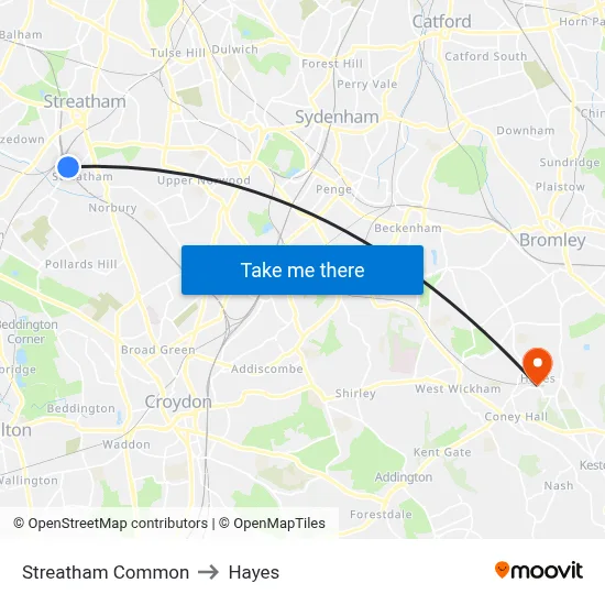 Streatham Common to Hayes map
