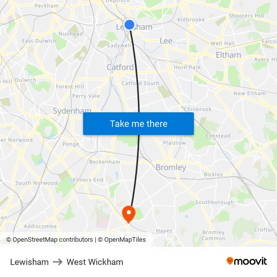 Lewisham to West Wickham map