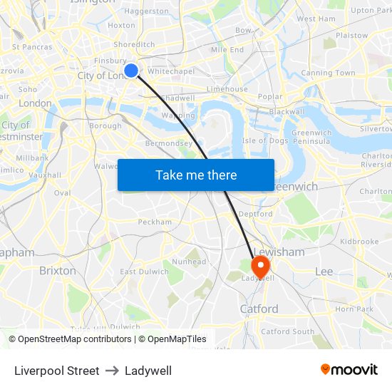 Liverpool Street to Ladywell map
