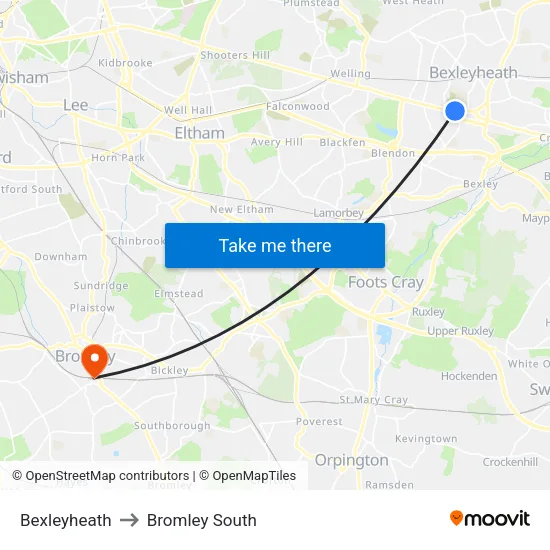 Bexleyheath to Bromley South map