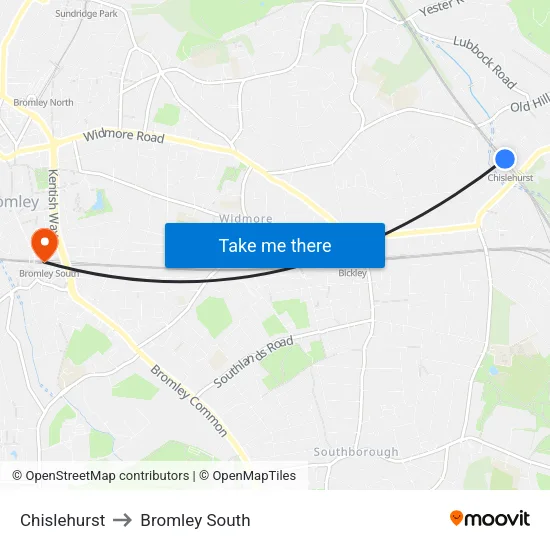 Chislehurst to Bromley South map