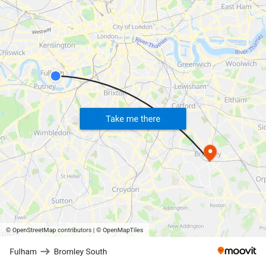 Fulham to Bromley South map