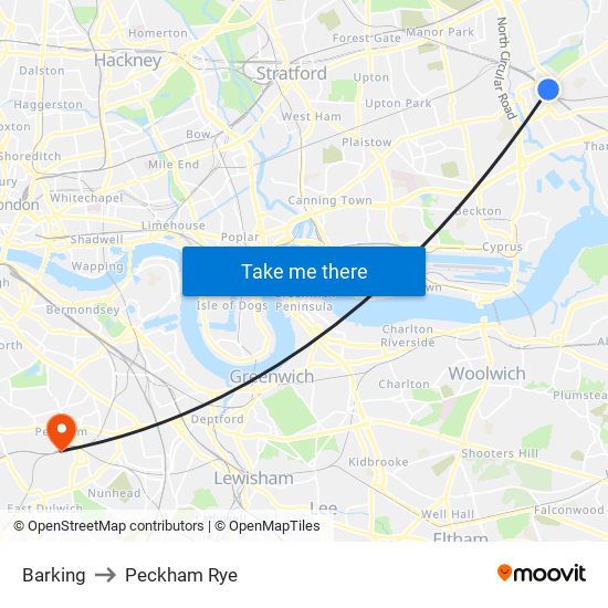 Barking to Peckham Rye map