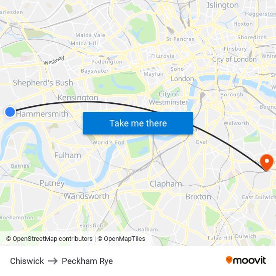 Chiswick to Peckham Rye map