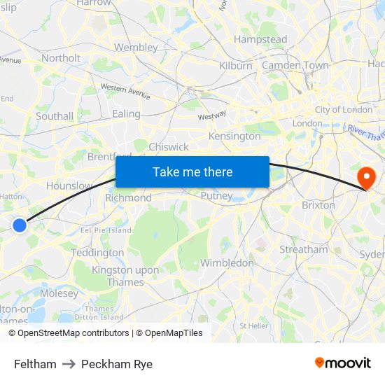 Feltham to Peckham Rye map