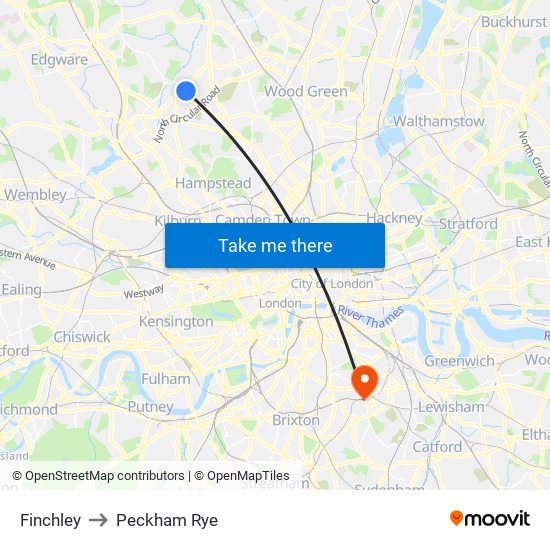 Finchley to Peckham Rye map