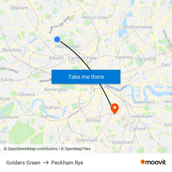Golders Green to Peckham Rye map